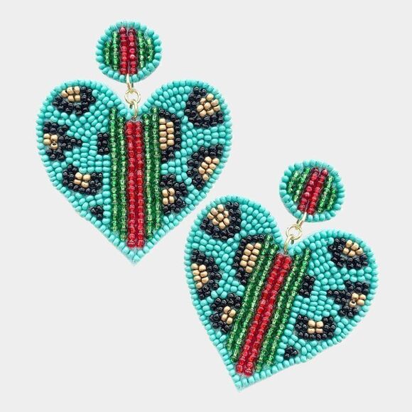 Heart Leopard Blue Color Block Seed Bead Earrings - Picture 3 of 5